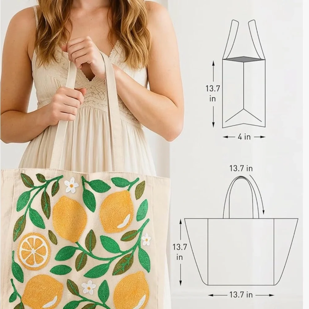 NEW Embroidered Lemon Canvas Tote Bag - Picture 2 of 4